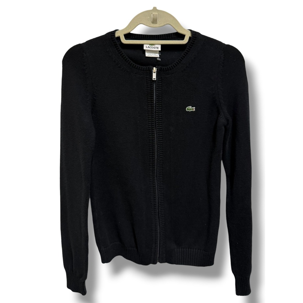 Lacoste Black Cotton Full Zip Cardigan Sweater Crocodile Logo Size 36 XS 4 - Picture 3 of 8